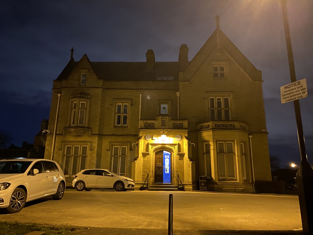 Outside view of Ryecroft Hall at night